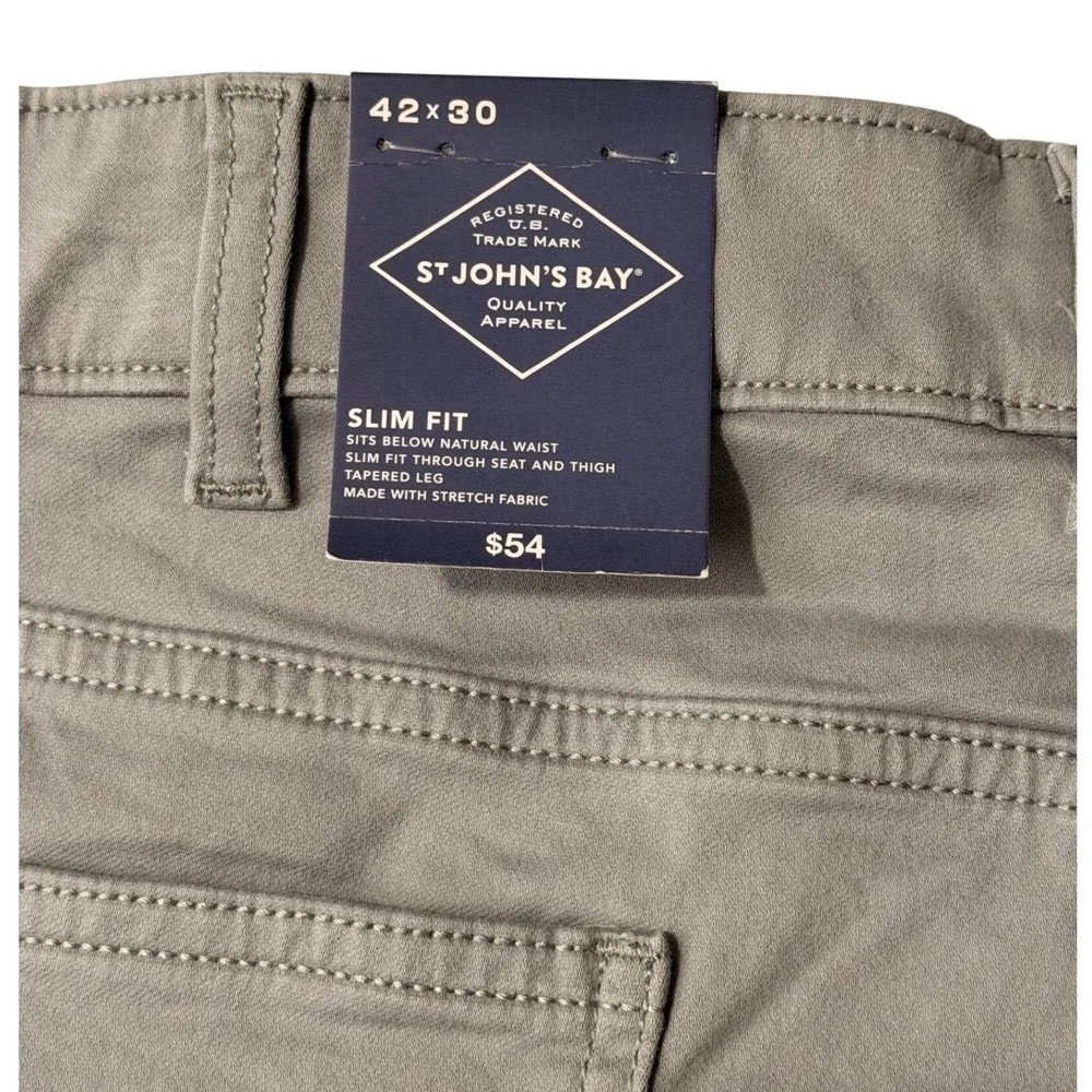 St Johns Bay Slim Fit Pants Mens 42x30 Gray Flat Front Stretch Casual Chinos - Picture 2 of 4